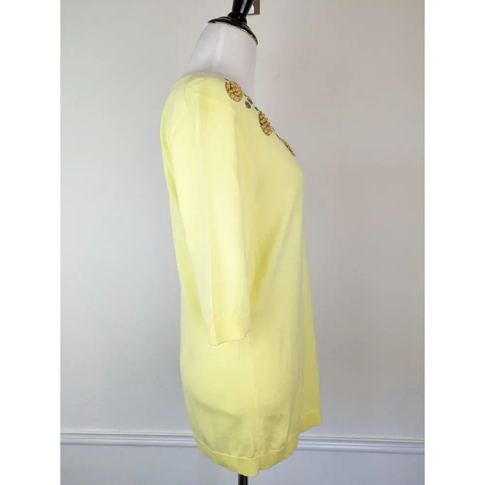 Talbots Sweater Pineapple Beaded Sequins Spring Summer Yellow Novelty Size M